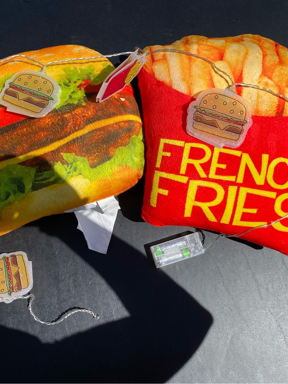 Novelty Burger & French Fries Plush Pillows with String Lights